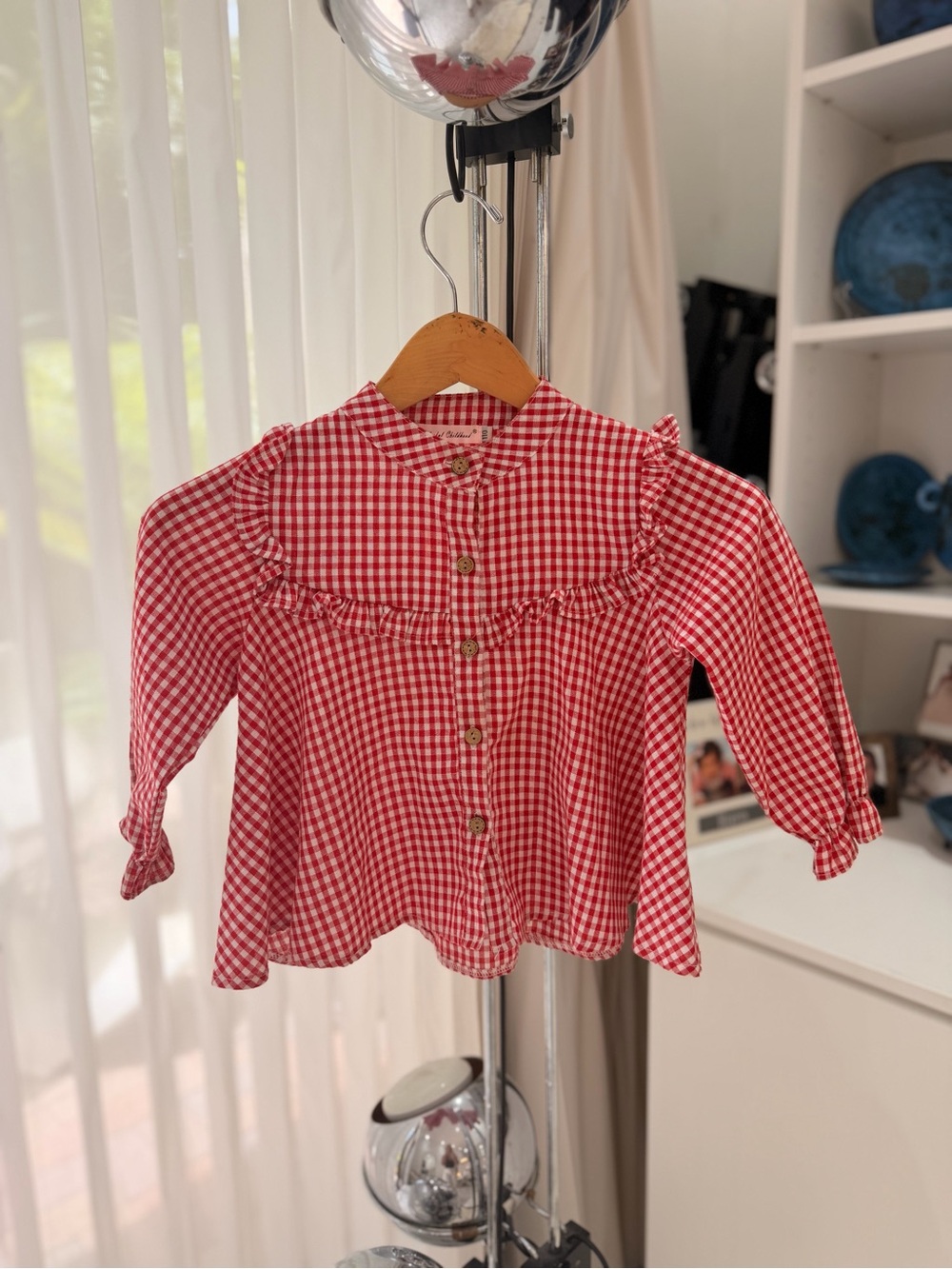 Red Gingham Button-Front Kids Blouse